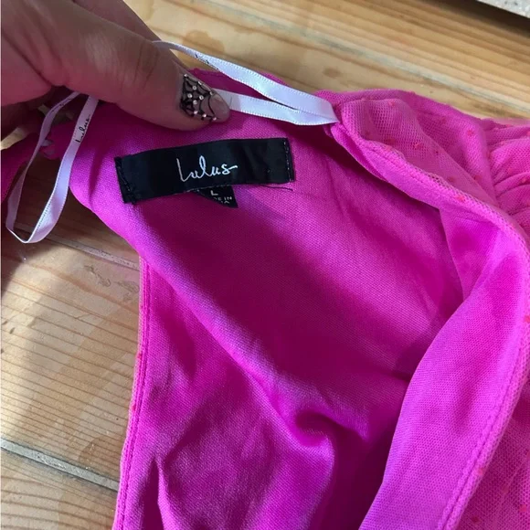 Lulus Dramatic Poise Hot Pink Dot Tulle Puff Sleeve Tiered Mini Dress - Picture 8 of 9